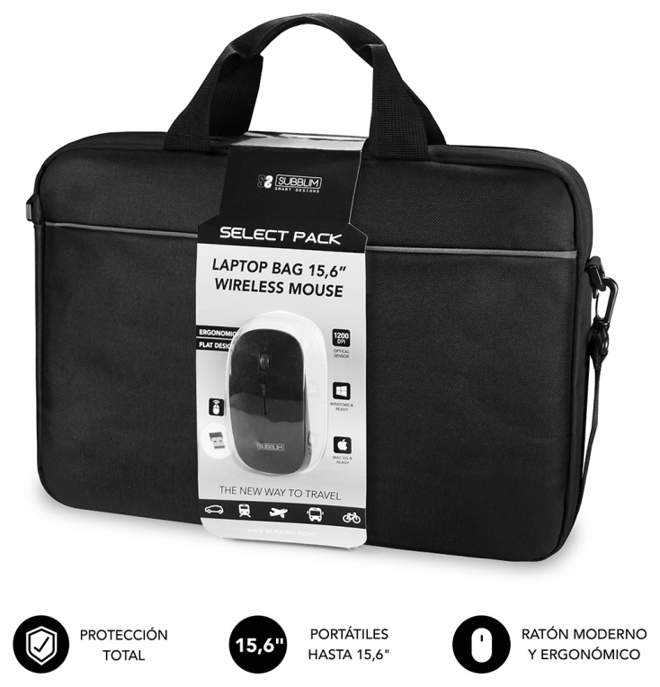 SUBBLIM Maletín con Ratón Select Pack Wireless Mouse USB + Laptop bag 15,6"