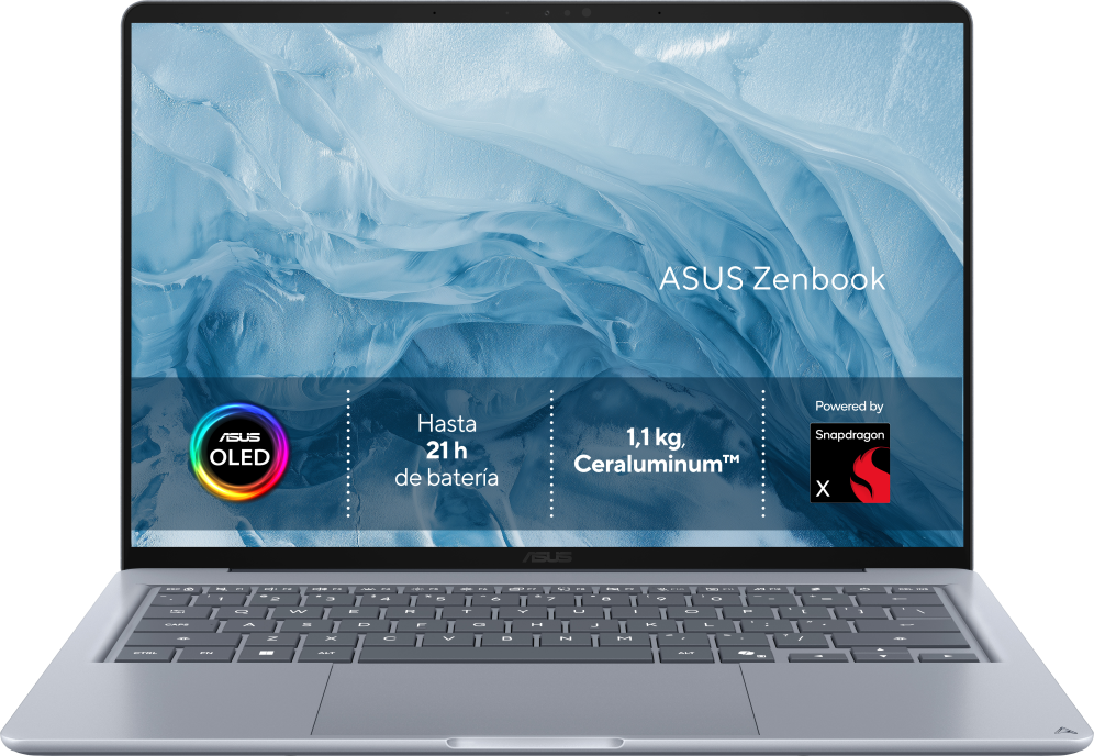 ASUS Zenbook 14 OLED UX3480QA-U1144W Copilot+ PC Copilot+ PC - Ordenador Portátil " WUXGA (Snapdragon X1-26-100, 16GB RAM, 256GB SSD, Adreno GPU, Windows 11 Home) Arctic Blue - Tec. QWERTY Esp