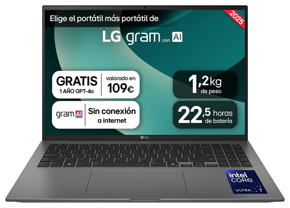 LG Gram 16ZD90T Intel Core Ultra 5 225H Portátil 40,6 cm (16") WQXGA 16 GB LPDDR5x-SDRAM 512 GB SSD Wi-Fi 7 (802.11be) FreeDOS Negro