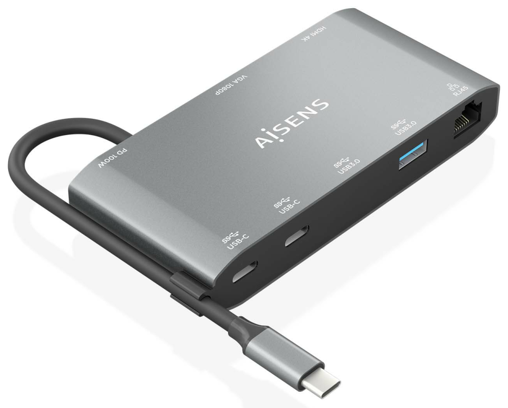 AISENS USB-C Dock 8 en 1, USB-C a 1xHDMI, 1xVGA, 1xRJ45, 2xUSB-A, 2xUSB-C 5G, 1xUSB-C PD, Gris, 20 cm