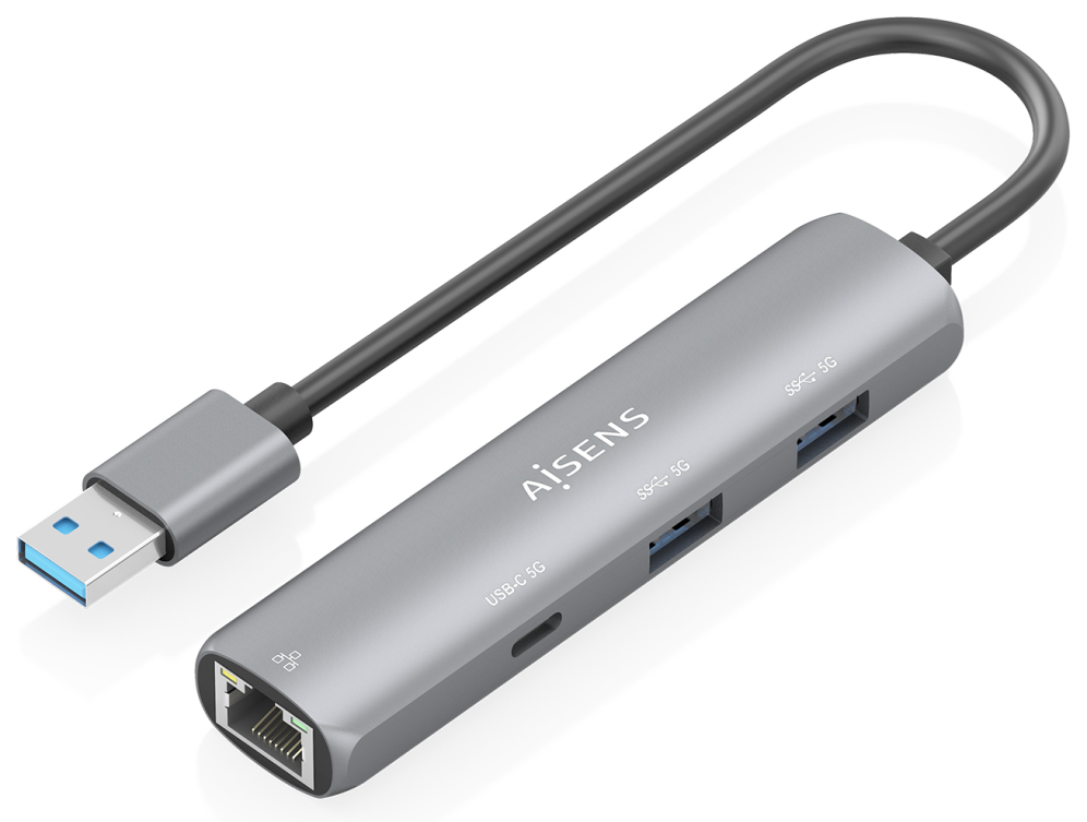 AISENS USB3.0 Dock USB-A A Ethernet Gigabit + Hub 1xUSB-C+2xUSB-A, Gris, 15cm