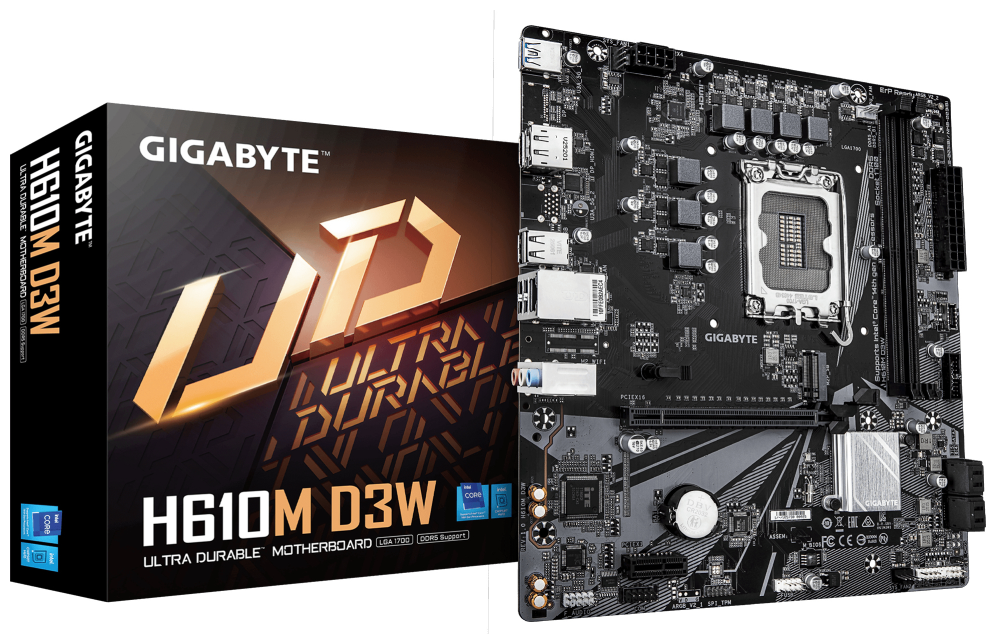 GIGABYTE H610M D3W Placa Base - Compatible con procesadores Intel Core de 14ª generación, VRM de 5+1+1 fases, hasta 5600MHz DDR5, 1xPCIe 3.0 M.2, LAN 1GbE, USB 3.2 Gen 1