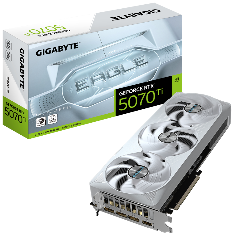 GIGABYTE GeForce RTX 5070 Ti EAGLE OC ICE SFF 16G Tarjeta Gráfica - 16GB GDDR7, 256 bits, PCI-E 5.0, 2542 MHz Core Clock, 3 x DP 2.1a, 1 x HDMI 2.1b, NVIDIA DLSS 4, GV-N507TEAGLEOC ICE-16GD