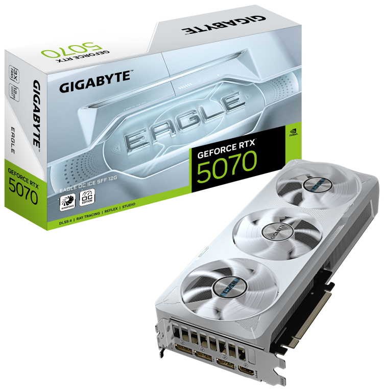 GIGABYTE GeForce RTX 5070 EAGLE OC ICE SFF 12G Tarjeta Gráfica - 12GB GDDR7, 192 bits, PCI-E 5.0, 2587 MHz Core Clock, 3 x DP 2.1a, 1 x HDMI 2.1b, NVIDIA DLSS 4, GV-N5070EAGLEOC ICE-12GD