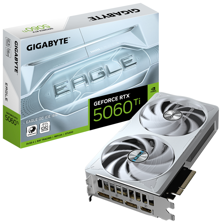 GIGABYTE GeForce RTX 5060 Ti EAGLE OC ICE 16G Tarjeta Gráfica – 16 GB GDDR7, 128 bits, PCI-E 5.0, 2617 MHz Frecuencia del núcleo, 3 x DisplayPort, 1 x HDMI, GV-N506TEAGLEOC ICE-16GD